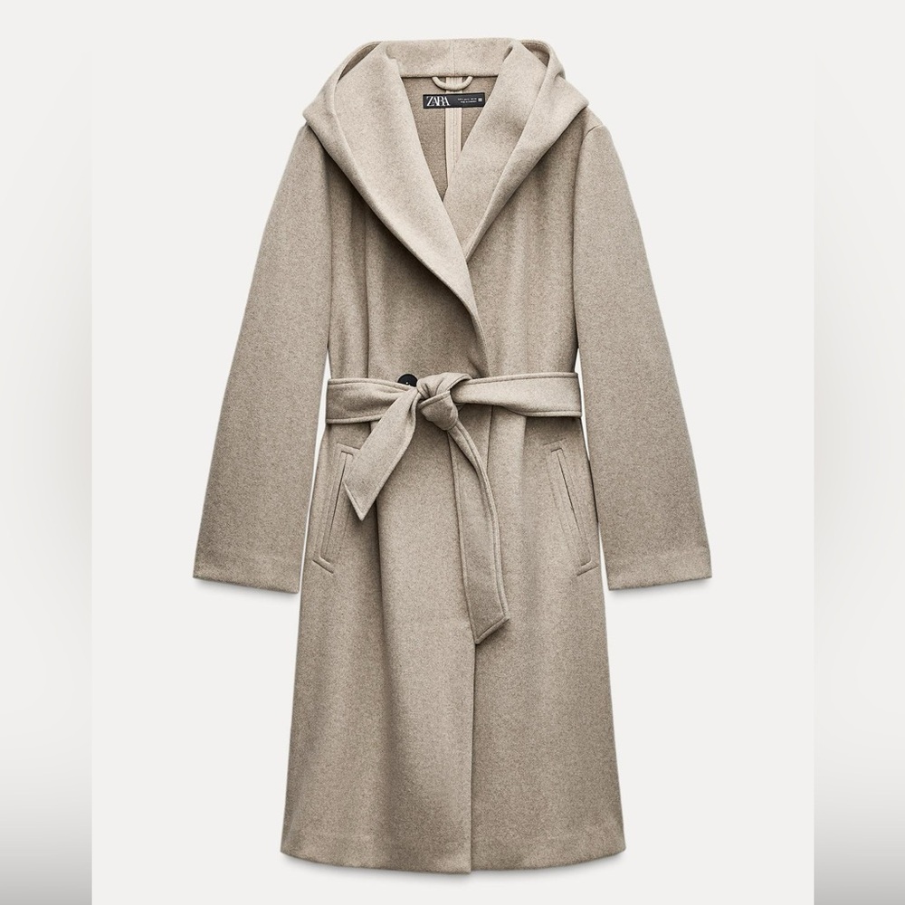Zara Belted Soft Hooded Coat Beige